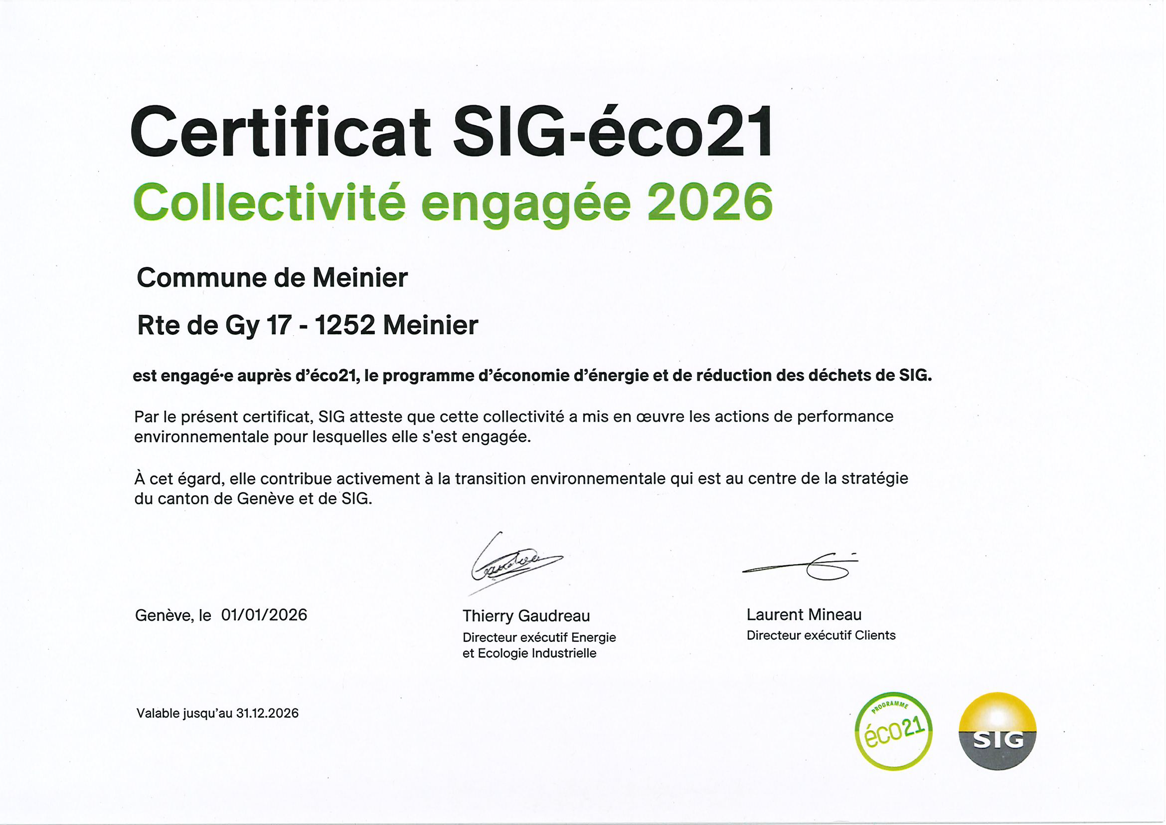 Certificat SIG-éco21 2026